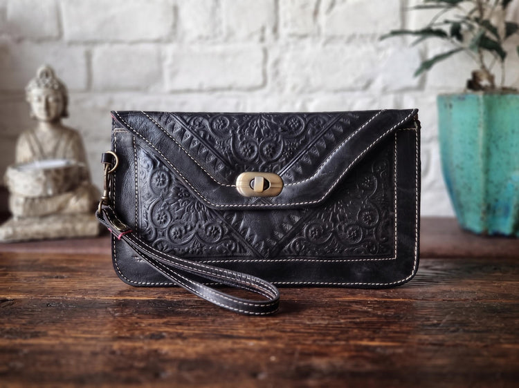 Tooled Floral Leather Wallet: Large Moroccan Clutch with Wristlet