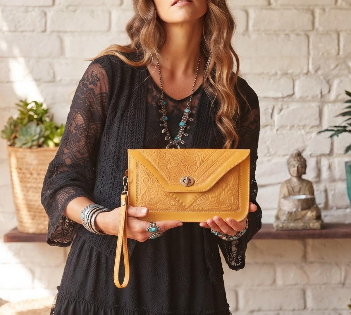 Large Moroccan Leather Shoulder Bag & Wallet Set: Boho Festival Purse