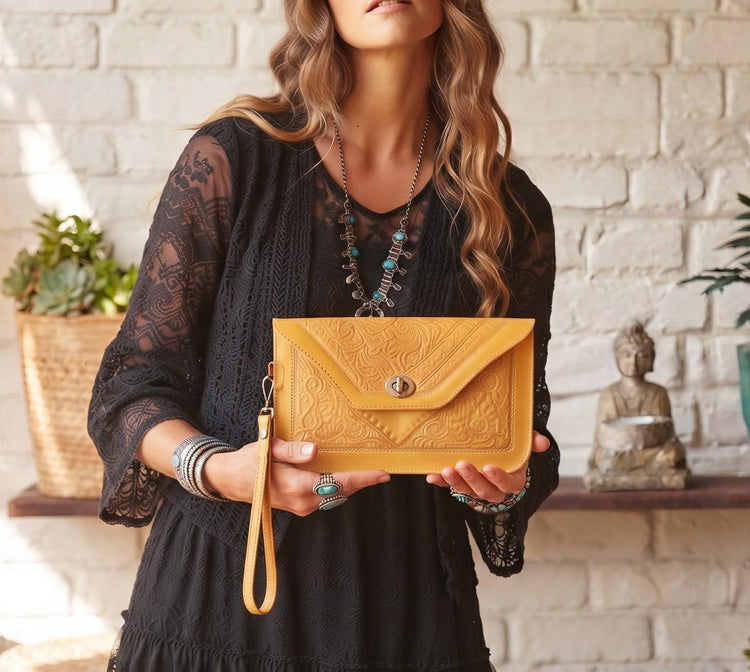 Moroccan Leather Crossbody Bag & Wristlet Set: Vintage Boho Purse