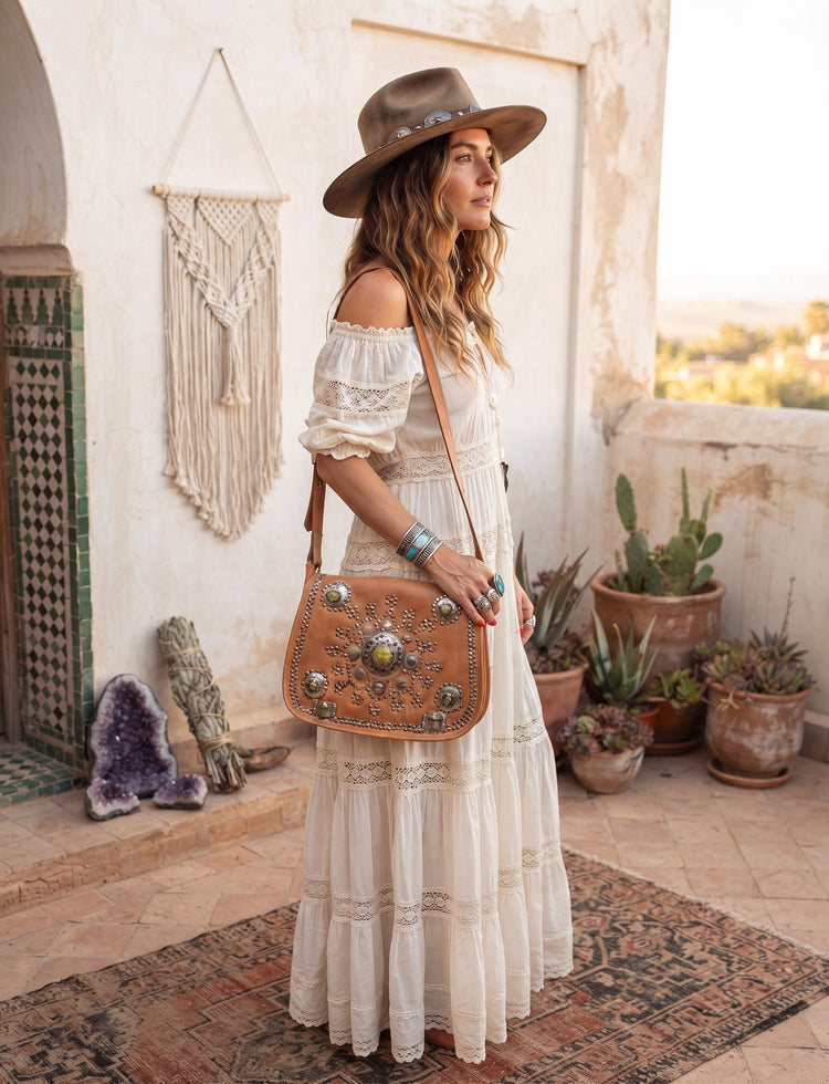 Large Moroccan Leather Shoulder Bag & Wallet Set: Boho Festival Purse
