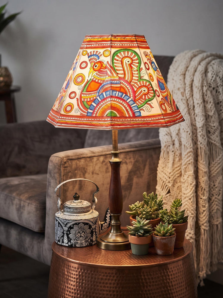Hand Painted Peacock Leather Lampshade – Boho Indian Lighting, Red Leather Lamp Shade & Unique Bedroom Decor