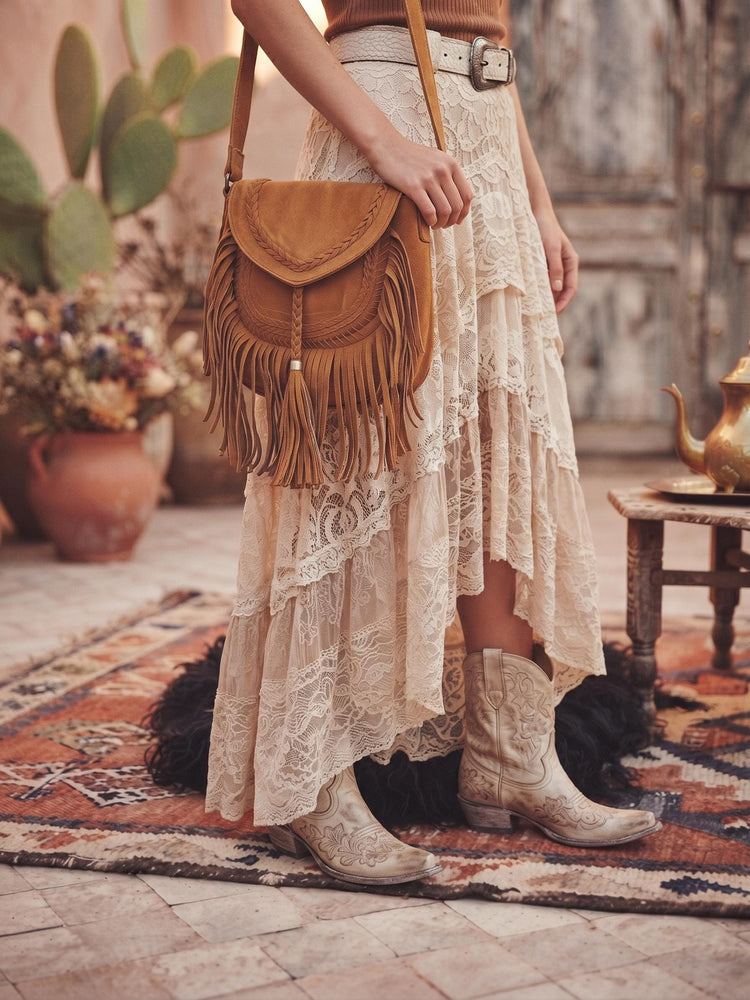 Boho Suede Leather Fringe Crossbody Bag, Western Cowgirl Purse, Hippie Festival Handbag, Bohemian Shoulder Bag Vintage Style