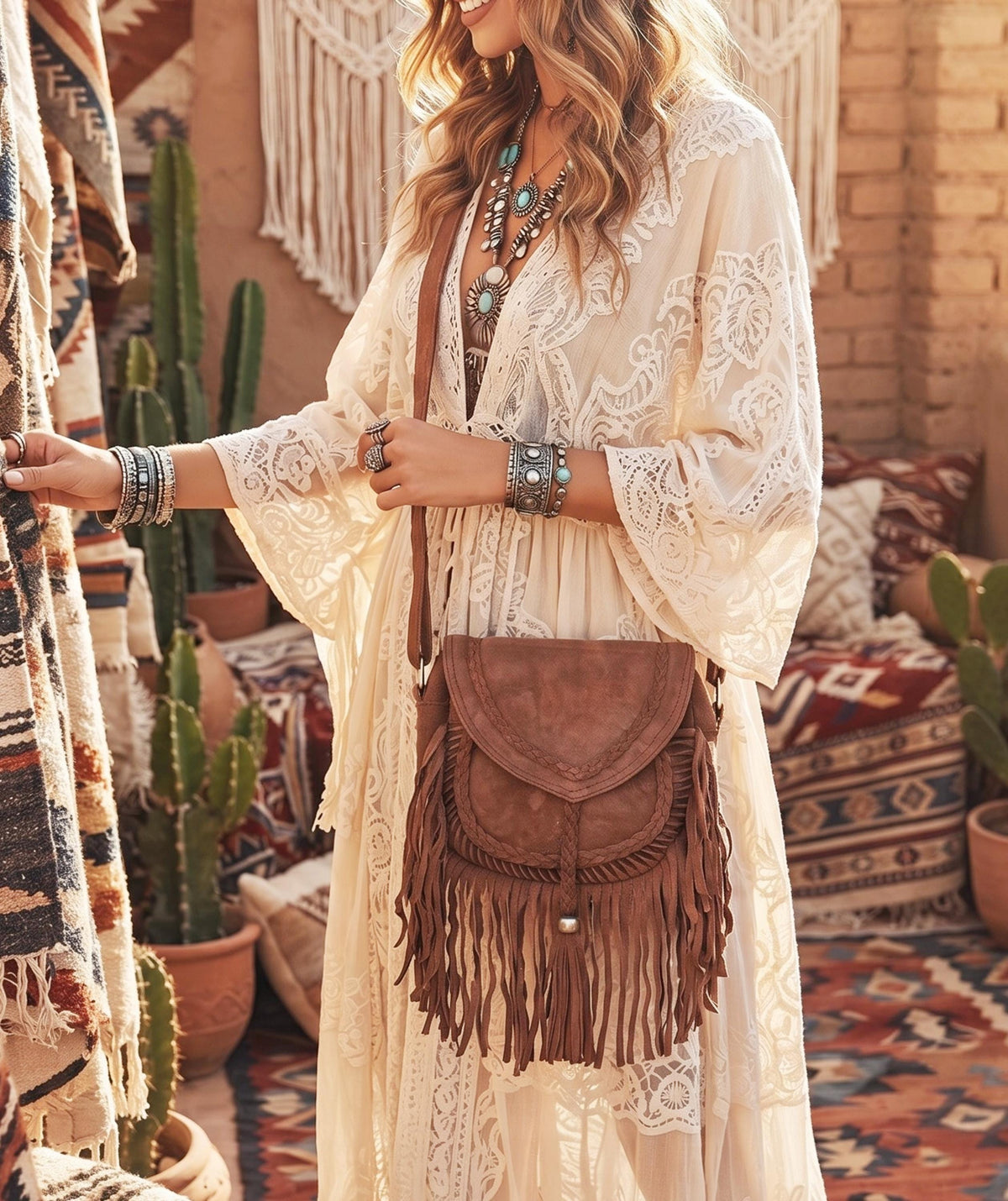 Braided Fringe Crossbody Bag, Small Boho Leather Purse, Hippie Festival Tote, Western Cowgirl Handbag, Women Shoulder Bag