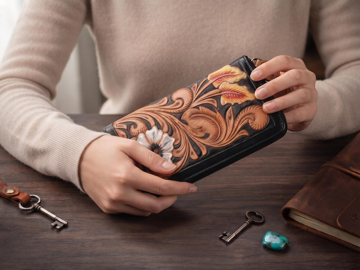 Hand Tooled Leather Wallet: Floral Carved, Antique Black, Western Style