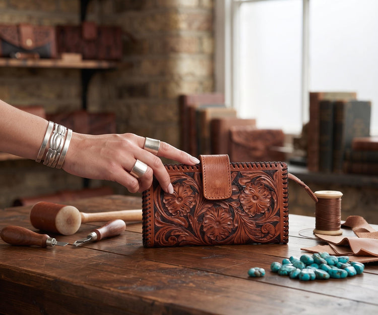 Long carved bifold leather wallet for women - handcrafted coin purse with zipper