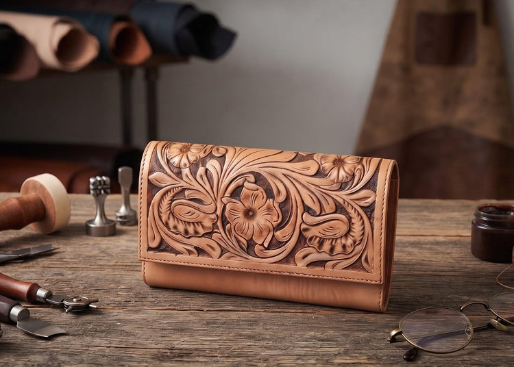 Flower Tooled Leather Wallet for Women – Beige Embossed Floral Bifold Purse, Boho Western Leather Wallet, Vintage Style Gift
