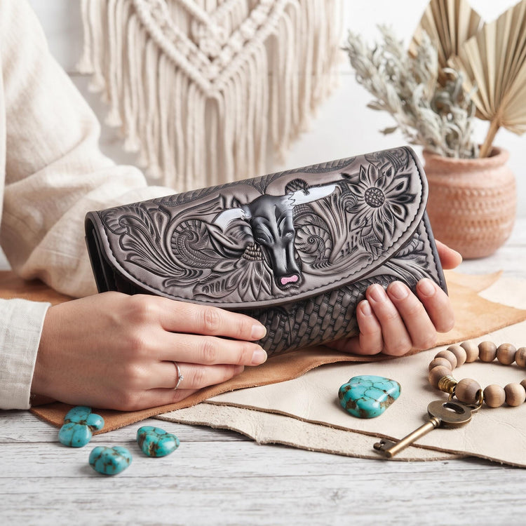 Hand Tooled Leather Western Wallet: Cowgirl Long Purse
