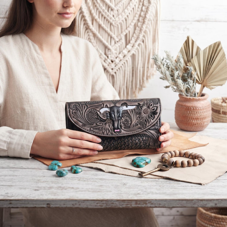 Hand Tooled Leather Western Wallet: Cowgirl Long Purse