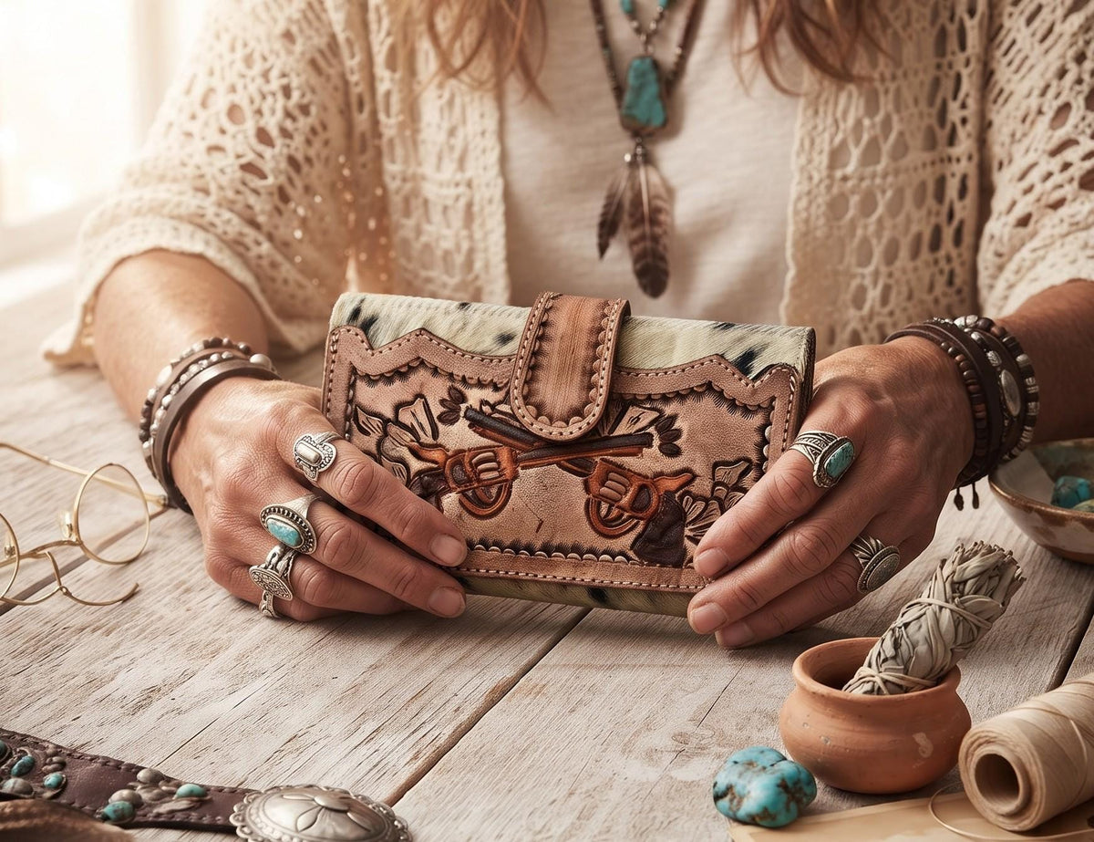 Hand Tooled Leather Wallet & Fringe Handbag Set: Western Cowhide Pistol Design