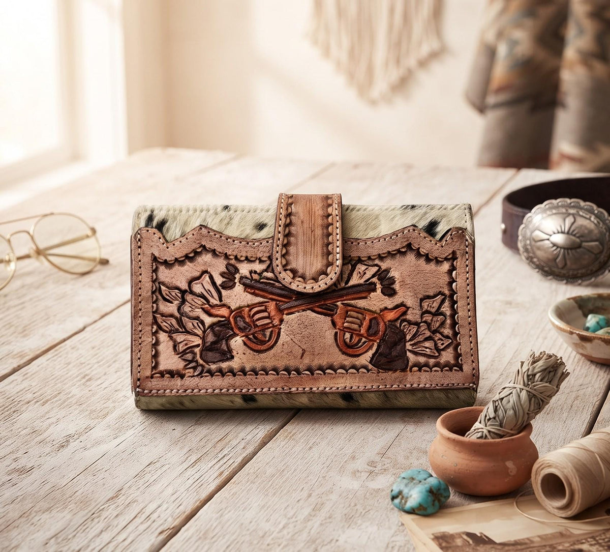 Hand Tooled Leather Wallet & Fringe Handbag Set: Western Cowhide Pistol Design