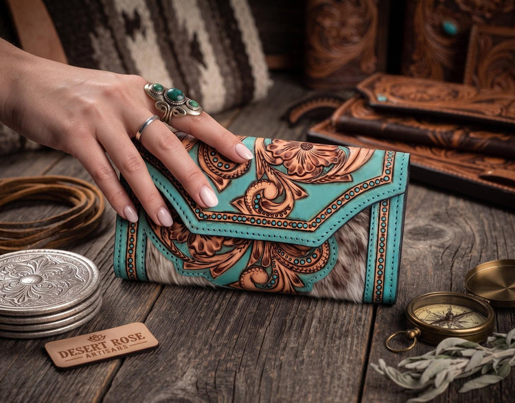 Hand Tooled Turquoise Leather Wallet: Floral Carved Cowhide Clutch