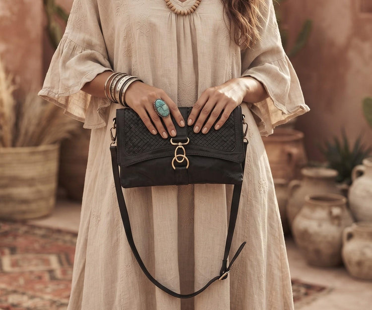 Woven Leather Bag for Women | Braided Leather Clutch & Crossbody Purse | Boho Shoulder Bag | Convertible Black or Tan Leather Bag