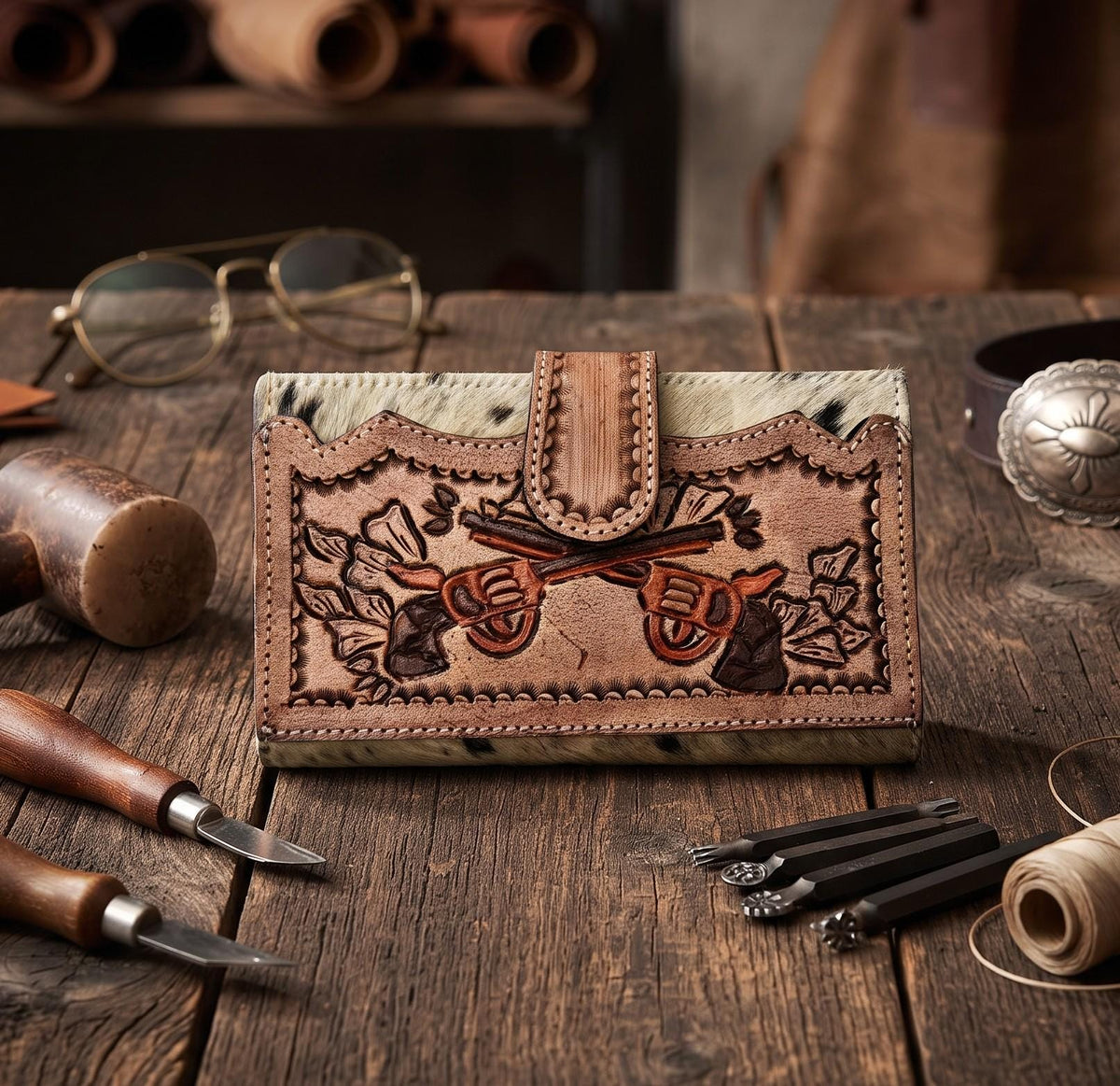 Tooled Leather Cowhide Crossbody Bag: Western Pistol Design with Fringe