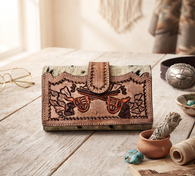 Two Crossed Pistols Leather Wallet - Western Handbag Wallet Set Double Gun - Hand Tooled Leather Bag with Fringe - Real Cowhide Purse