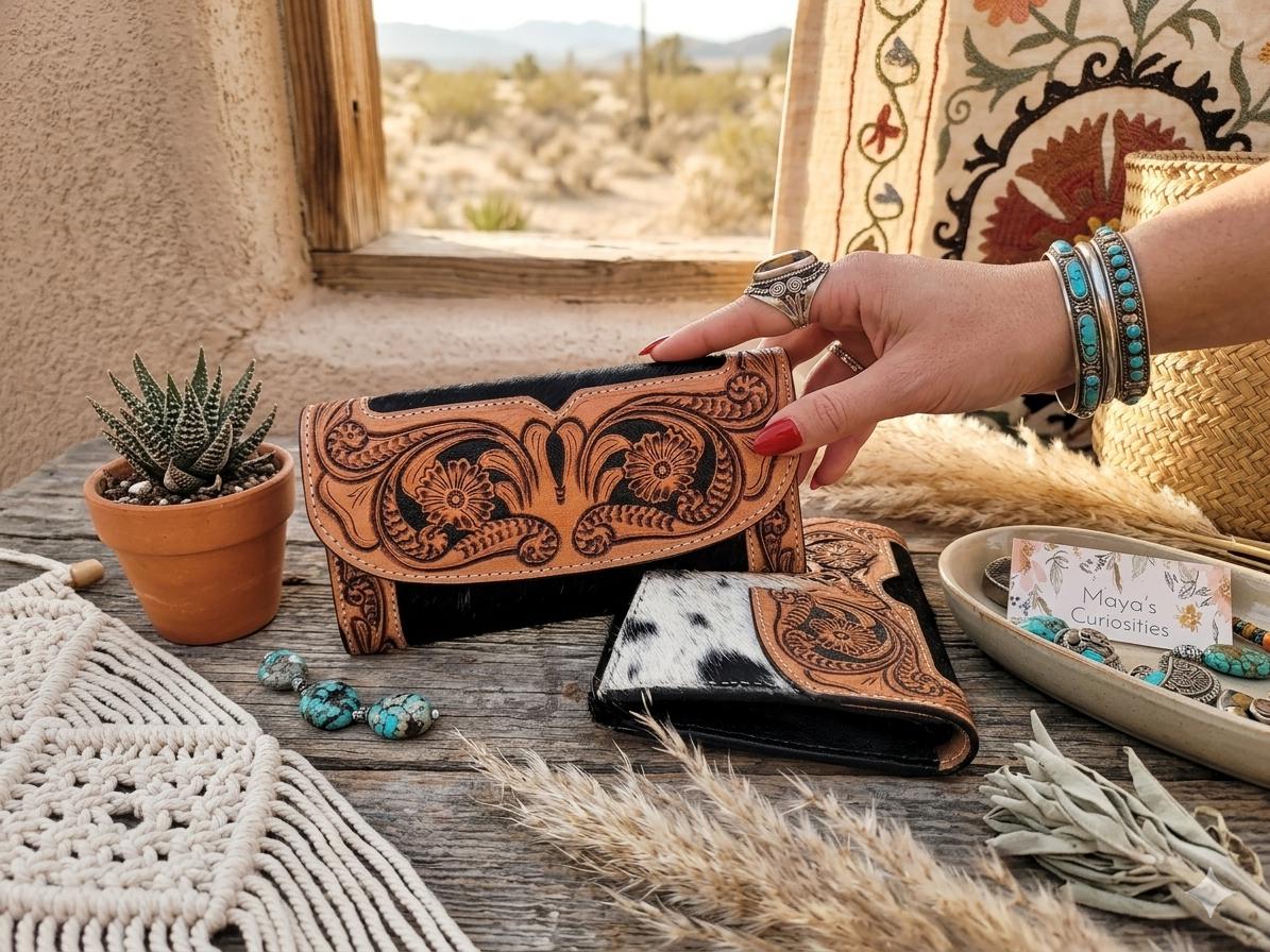 Vintage Cowhide Leather Wallet for Women – Hand Tooled Floral Western Purse | Long Cowgirl Bifold Wallet