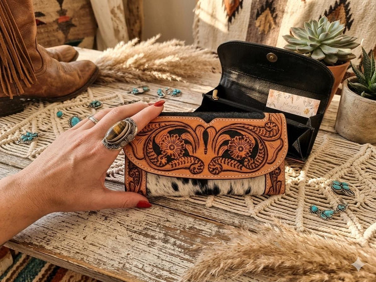 Vintage Cowhide Leather Wallet for Women – Hand Tooled Floral Western Purse | Long Cowgirl Bifold Wallet