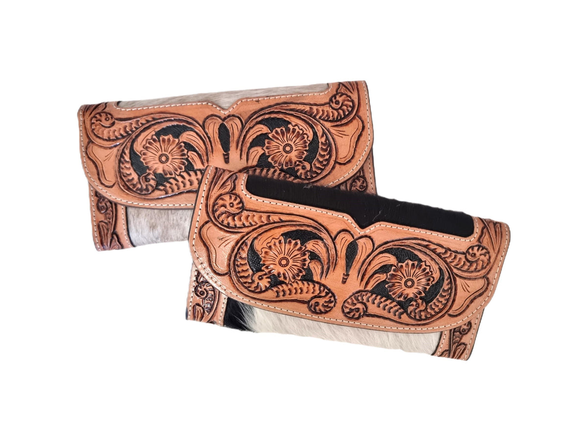 Vintage Cowhide Leather Wallet for Women – Hand Tooled Floral Western Purse | Long Cowgirl Bifold Wallet