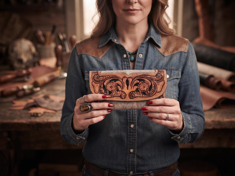 Vintage Cowhide Leather Wallet for Women – Hand Tooled Floral Western Purse | Long Cowgirl Bifold Wallet