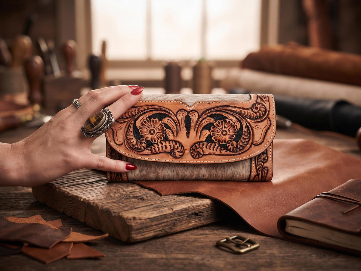 Vintage Cowhide Leather Wallet for Women – Hand Tooled Floral Western Purse | Long Cowgirl Bifold Wallet