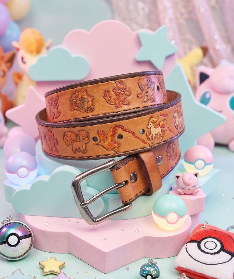 Pokémon Leather Belt, Hand Tooled Leather Belt, Pikachu Gift, Pokemon Fan Gift, Unisex Tan Brown Leather Belt, Hand Painted Belt
