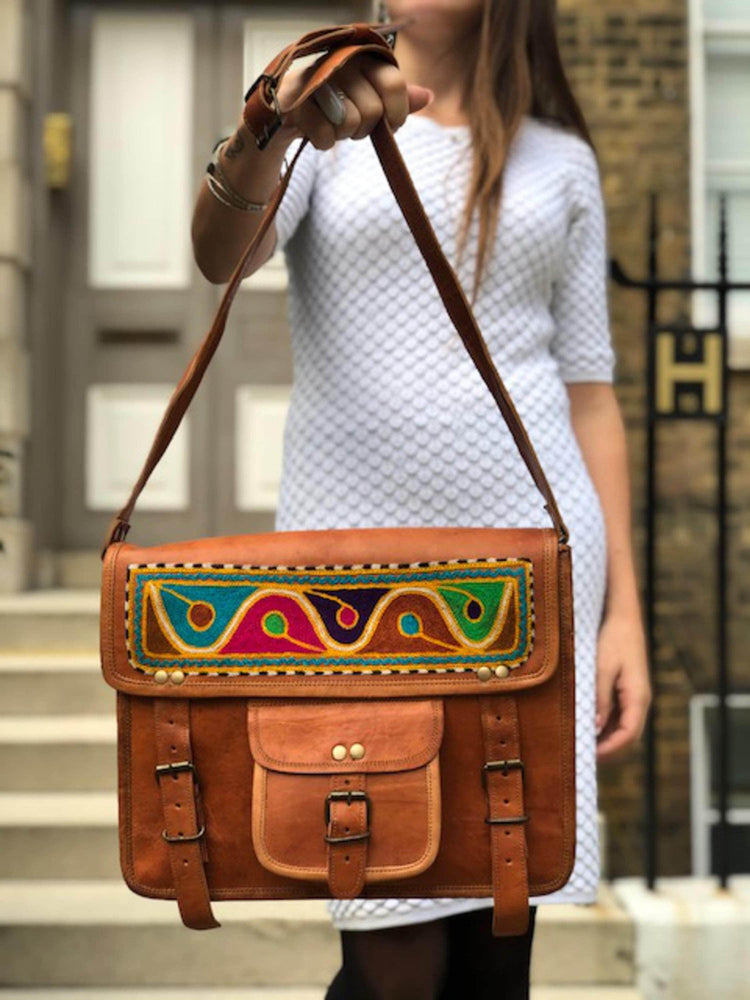 Embroidered Leather Messenger Bag: Bohemian Laptop Bag with Shoulder Strap