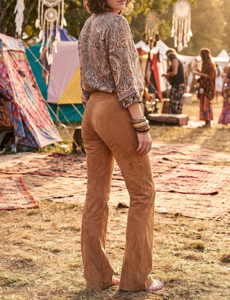 70s Vintage Suede Leather Trousers with Crochet - Boho Cowgirl Pants (UK 8 / EU 36 / S)