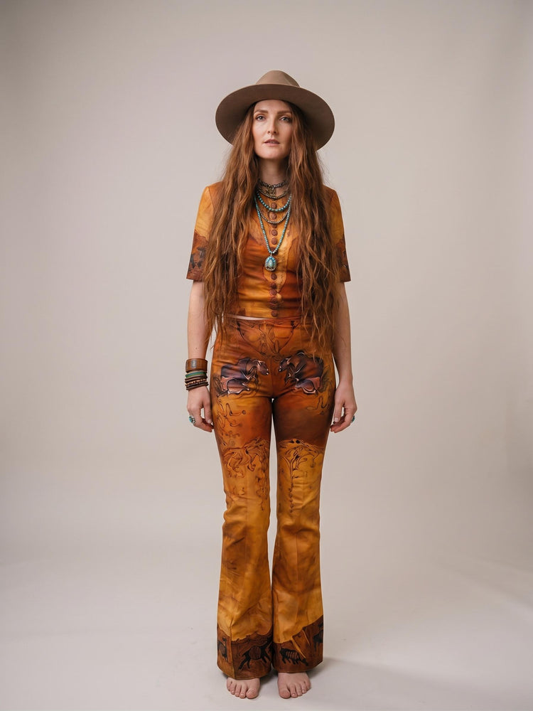 Vintage 3 Piece Leather Set, Western Suede Co Ord, Leather Bell Bottom Trousers, Hand Painted Buffalo Outfit, Cowgirl Costume XS UK 6