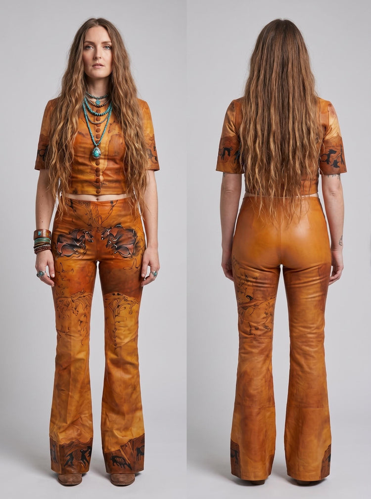 Vintage 3 Piece Leather Set, Western Suede Co Ord, Leather Bell Bottom Trousers, Hand Painted Buffalo Outfit, Cowgirl Costume XS UK 6