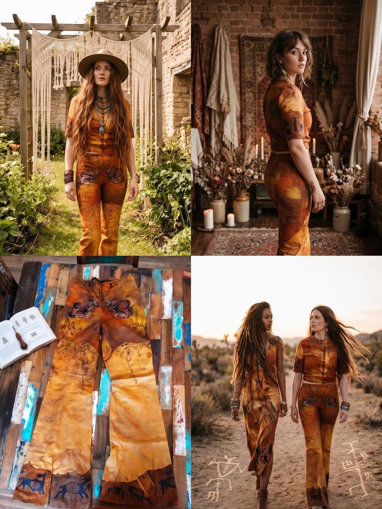 Vintage 3 Piece Leather Set, Western Suede Co Ord, Leather Bell Bottom Trousers, Hand Painted Buffalo Outfit, Cowgirl Costume XS UK 6