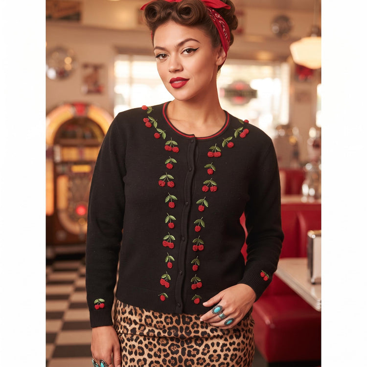 Vintage Cherry Cardigan, Black Rockabilly Sweater, Embroidered Cherry Knit Jacket, Cottagecore Cardigan, Retro Wool Jumper, 80s 90s