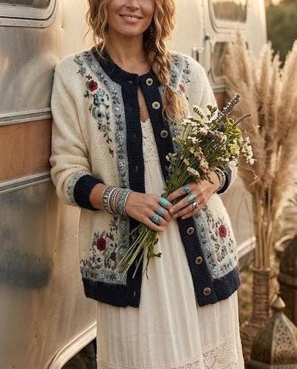 Vintage Floral Mohair Cardigan, Cream Embroidered Wool Jacket, Cottagecore Knitwear, Nordic Sweater, Boho Grandma Cardigan, UK 12 M