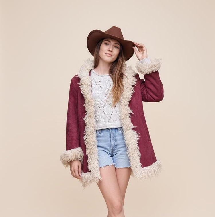 Vintage 1970s Afghan Shearling Coat, Burgundy Suede Hooded Jacket, Boho Hippie Leather Coat, Festival Rocker Jacket, Womens S