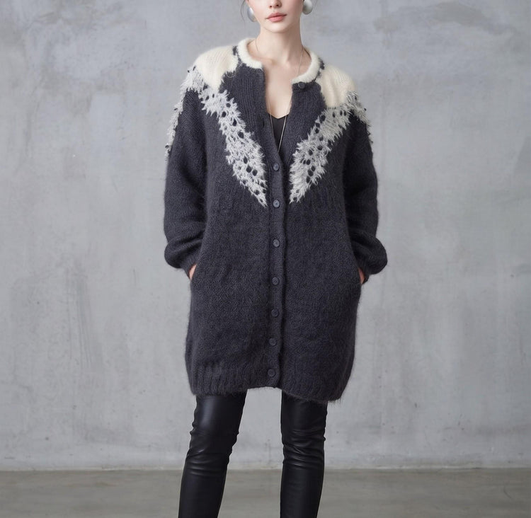 Vintage 1980s Mohair Cardigan, Black White Wool Knit Jacket, Oversized Boho Sweater, Hippie Vintage Cardigan, Retro Winter Knit L XL