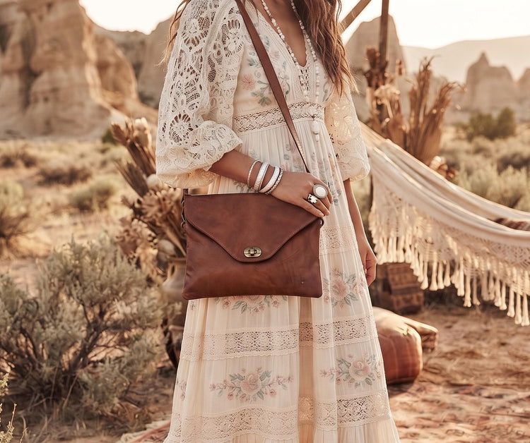 Small Leather Crossbody Bag, Moroccan Tan Brown Leather Purse, Boho Hippie Satchel, Handmade Vintage Style Shoulder Bag, Chestnut Bag