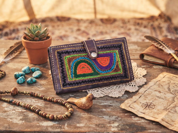 Vintage Embroidered Leather Wallet: 70s Boho Bifold Purse