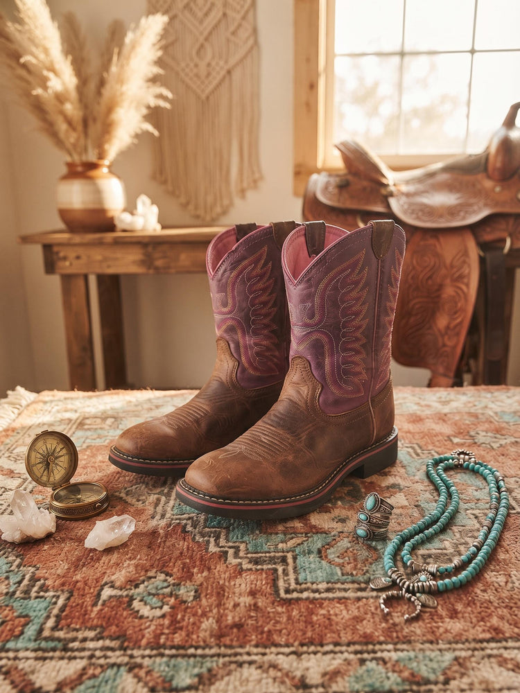 Pink Brown Western Boots for Girls US 4, Rustic Genuine Leather Shoes, Rounded Toe Flat Work Boots