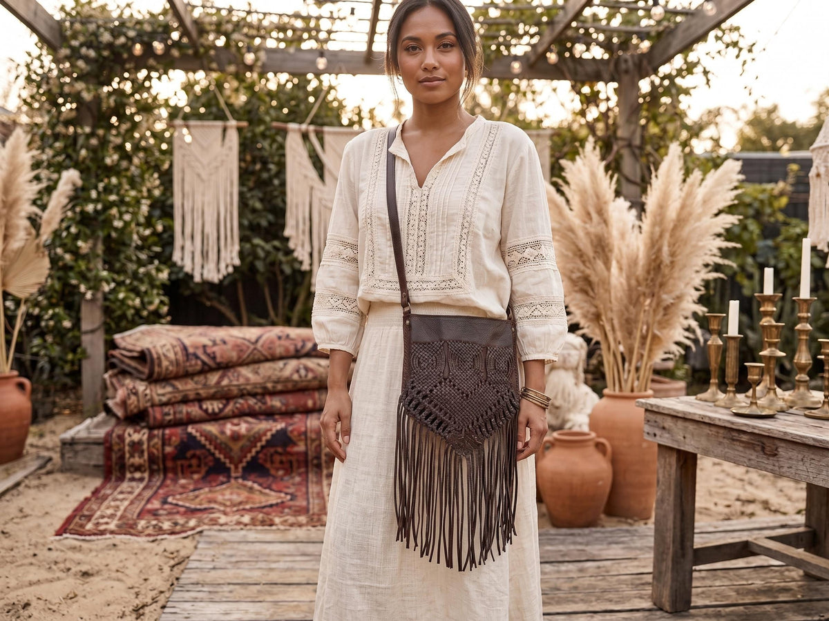 Vintage Braided Leather Bag, Dark Brown Western Crossbody Purse, Heart Leather Handbag, Boho Hippie Fringe Bag, Rustic Shoulder Bag