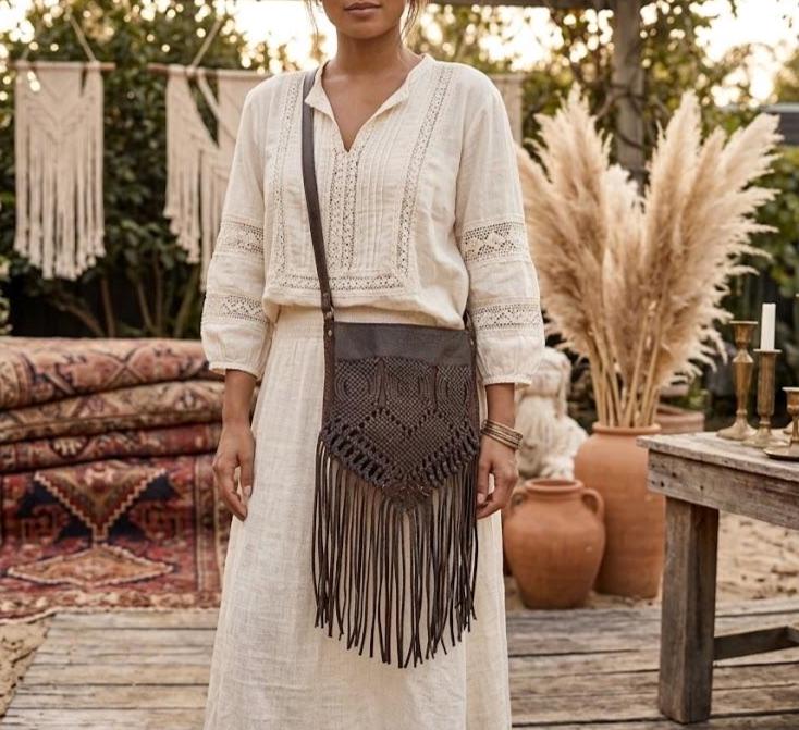 Vintage Braided Leather Bag, Dark Brown Western Crossbody Purse, Heart Leather Handbag, Boho Hippie Fringe Bag, Rustic Shoulder Bag