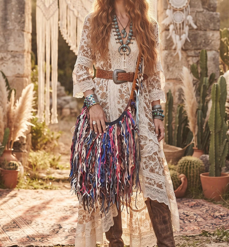 Upcycled Leather Fringe Shoulder Bag: Oversized Boho Western Tote