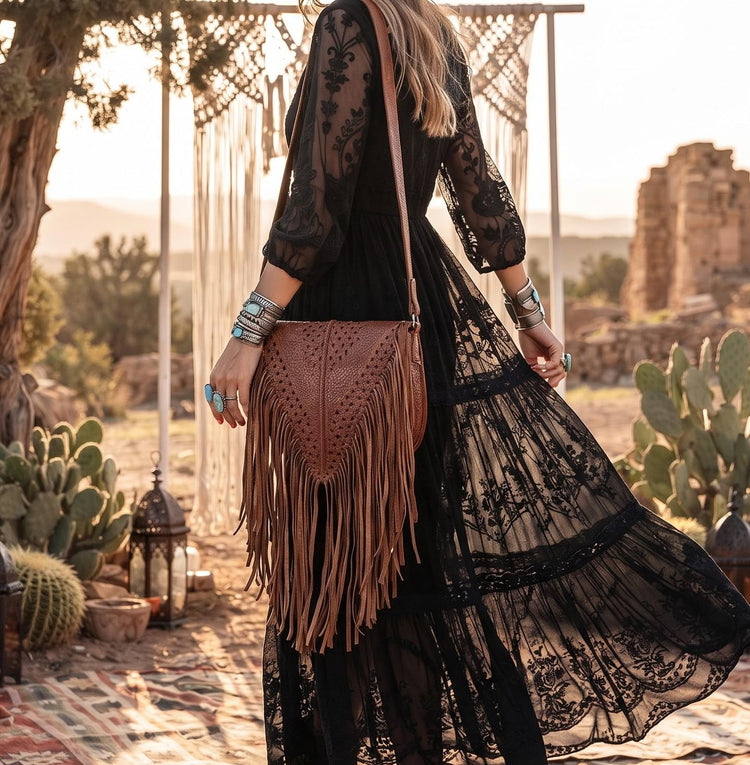 Braided Leather Fringe Bag, Tan Brown Boho Crossbody Bag, Hippie Leather Shoulder Bag, Western Tassel Purse, Handmade Festival Bag