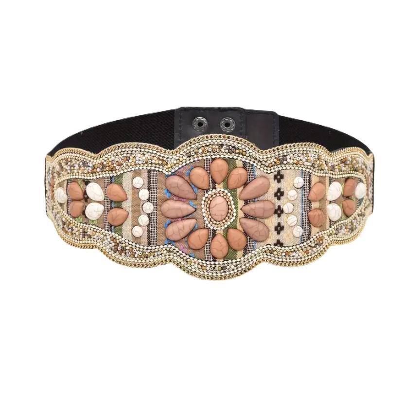 Boho Beaded Waist Belt, Elastic Festival Belt, Turquoise Floral Hippie Belt, Vintage Style Stretch Waist Belt