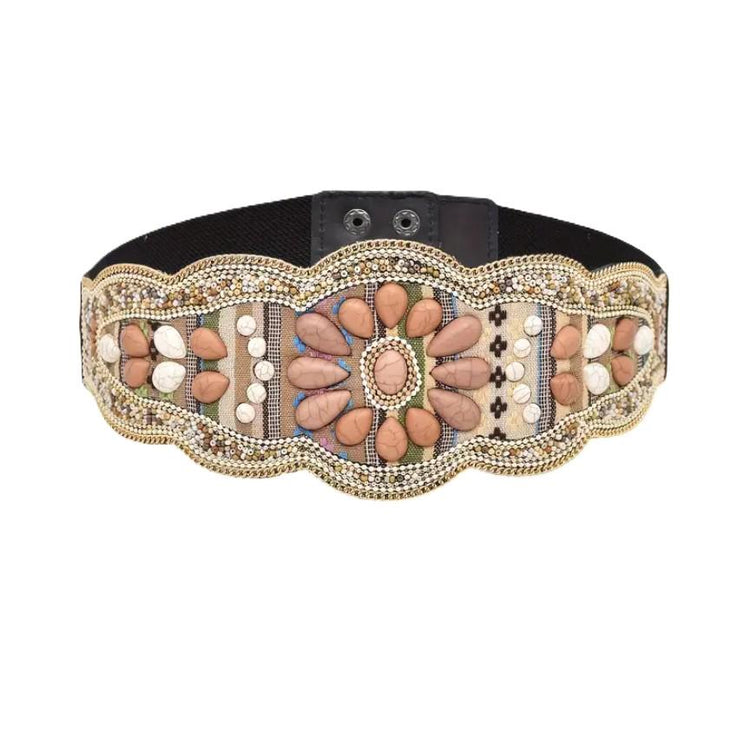 Boho Beaded Waist Belt, Elastic Festival Belt, Turquoise Floral Hippie Belt, Vintage Style Stretch Waist Belt