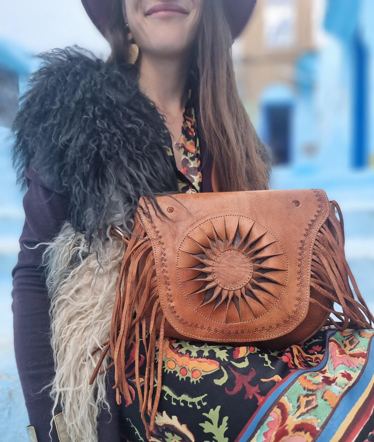 Hand Tooled Leather Bag & Wallet Set: Western Fringe Crossbody Purse