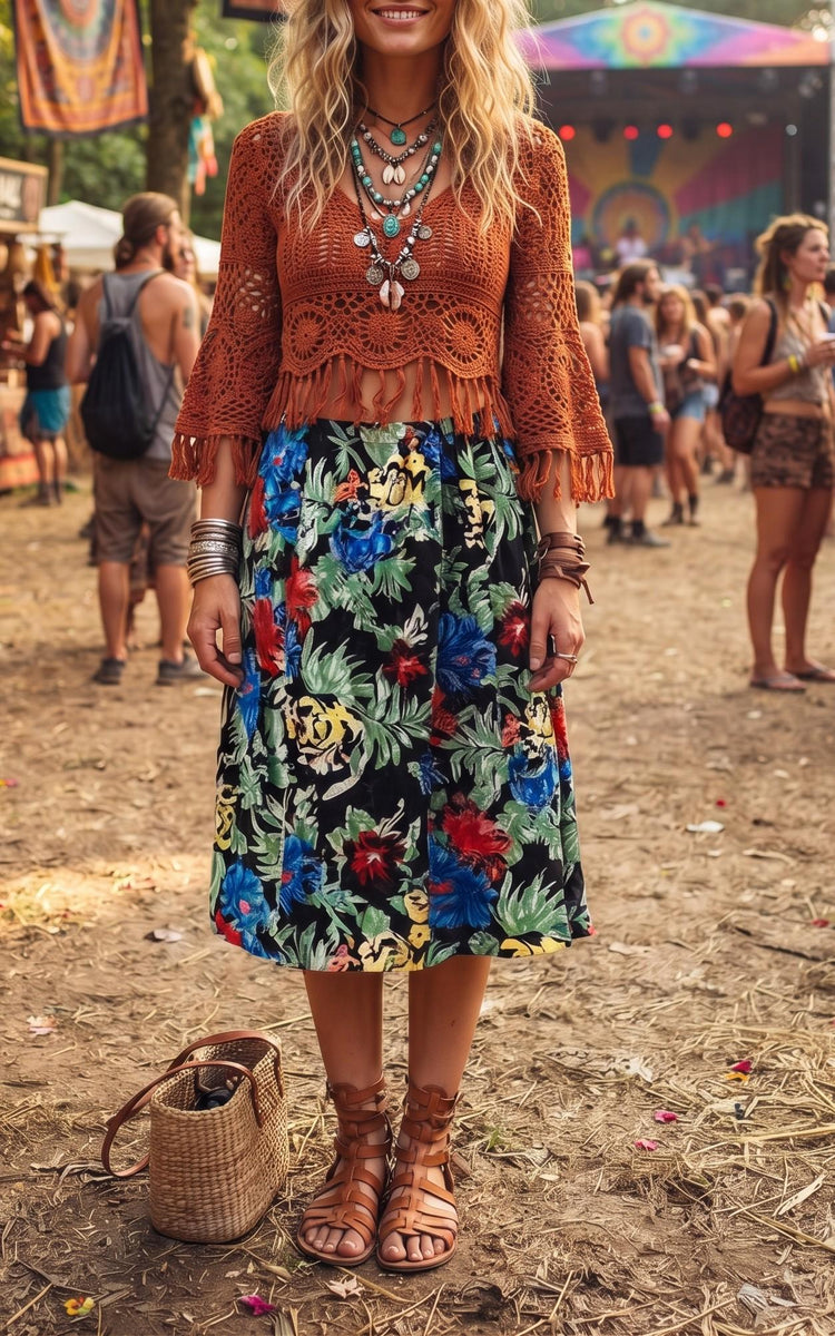 Vintage Floral Midi Skirt, Black Boho Summer Skirt, Colourful Cottagecore Skirt, Vintage Festival Skirt, Lightweight Holiday Skirt S L