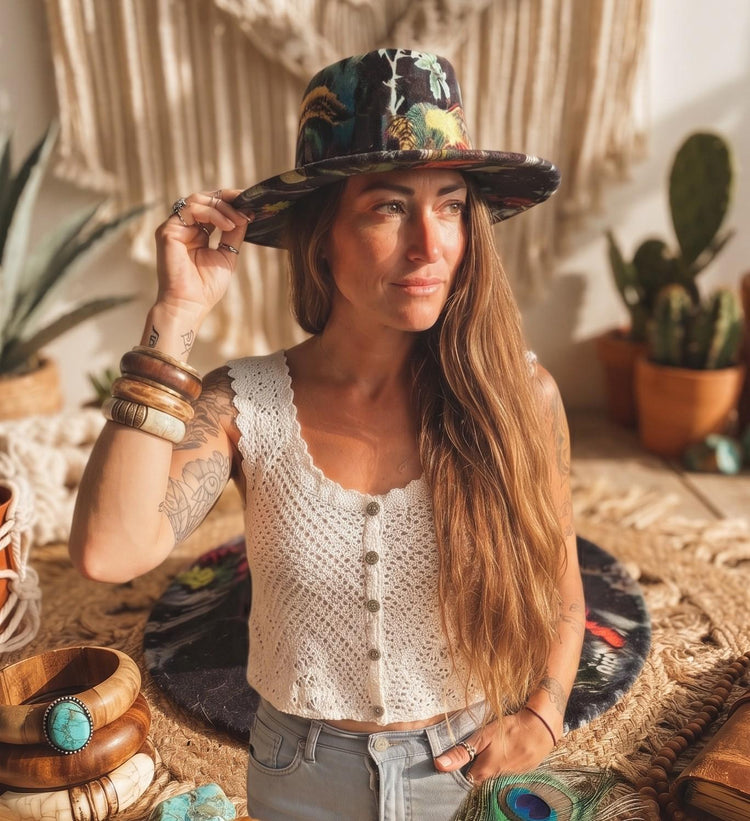 Handmade Wool Fedora Hat: Botanical Leaf & Feather Print, Boho Rocker Style