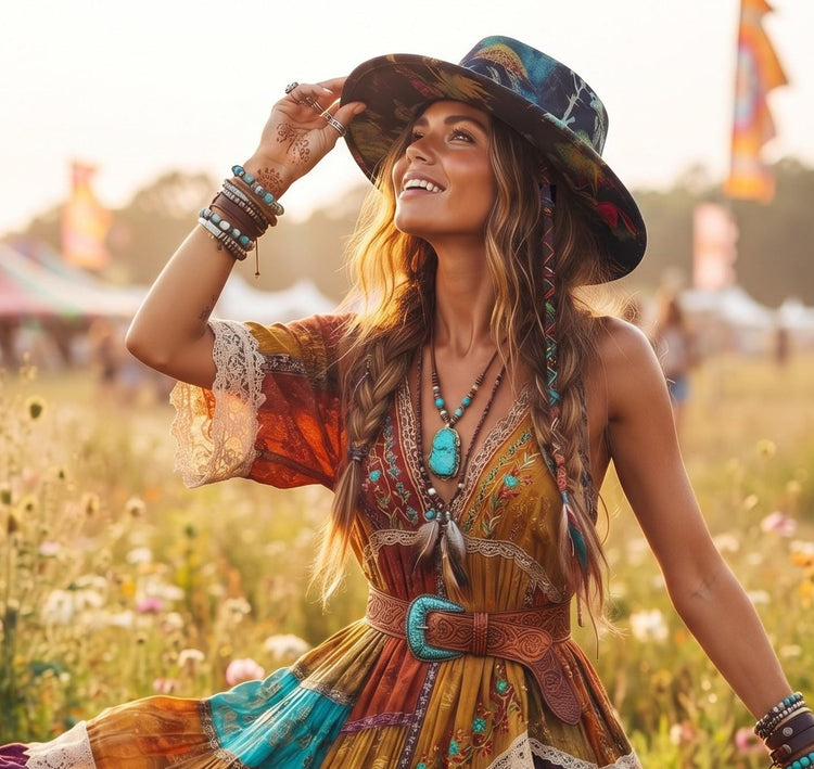 Handmade Wool Fedora Hat: Botanical Leaf & Feather Print, Boho Rocker Style