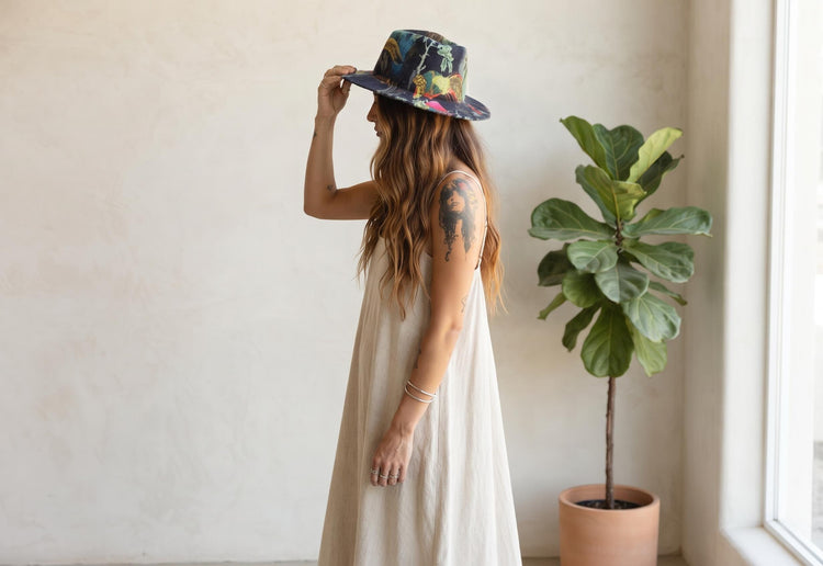 Handmade Wool Fedora Hat: Botanical Leaf & Feather Print, Boho Rocker Style