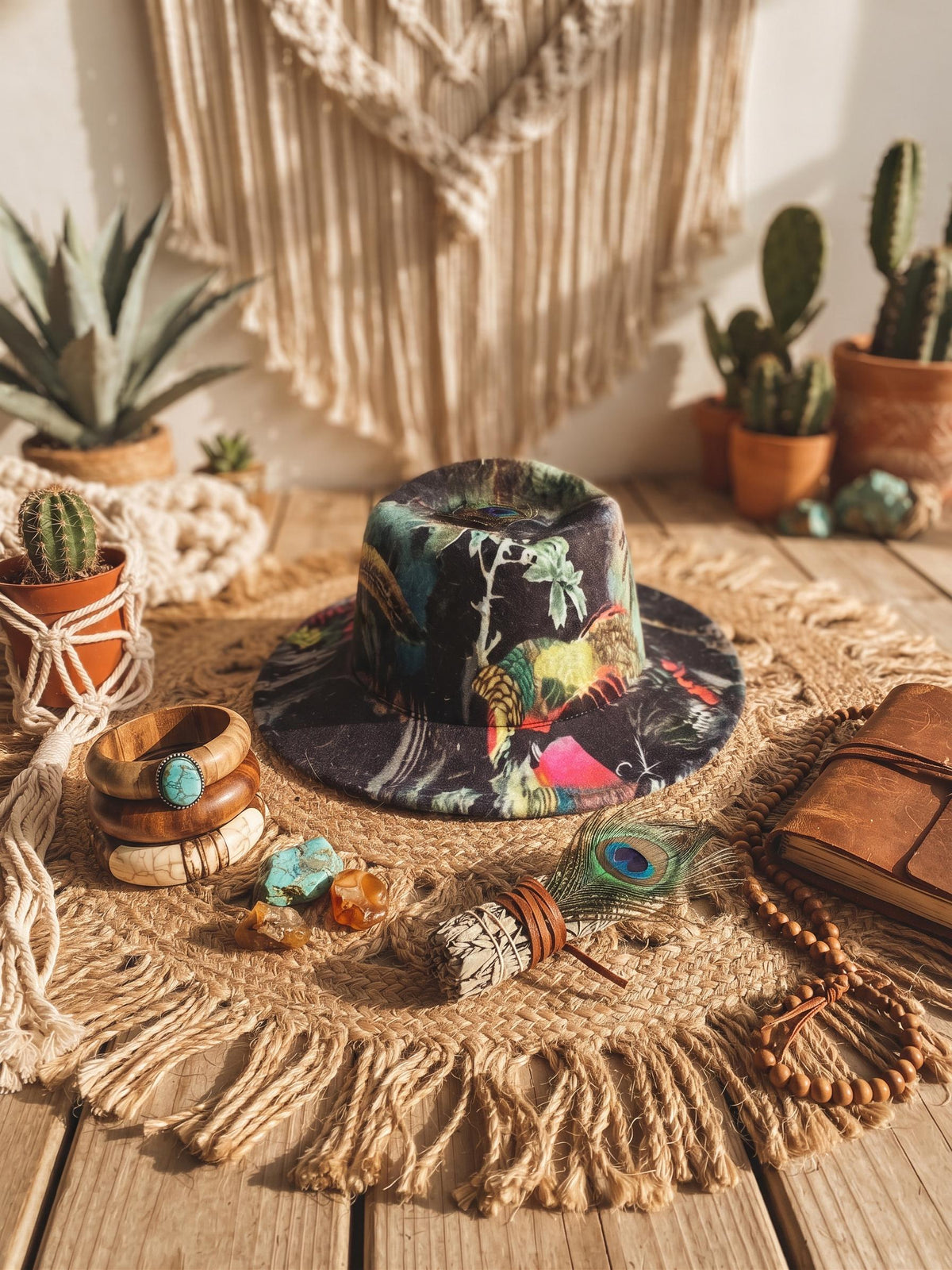 Handmade Wool Fedora Hat: Botanical Leaf & Feather Print, Boho Rocker Style