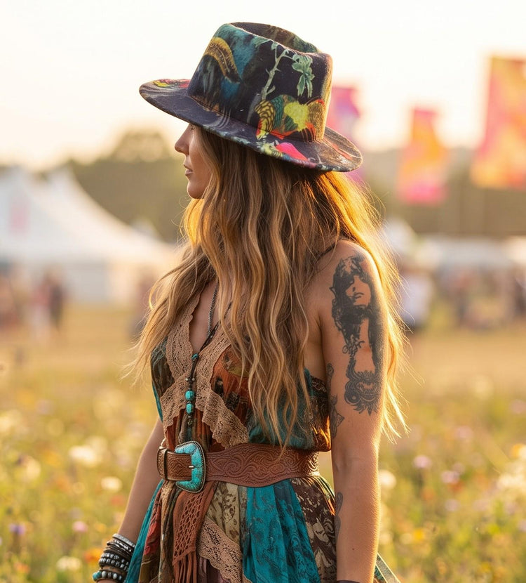 Handmade Wool Fedora Hat: Botanical Leaf & Feather Print, Boho Rocker Style