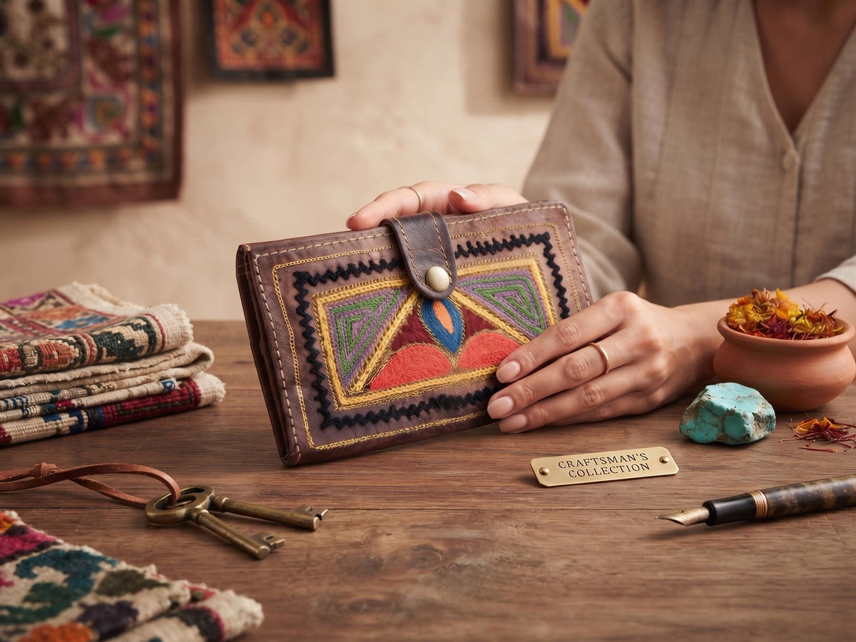 Handmade Vintage Embroidered Leather Wallet: 1970s Boho Purse
